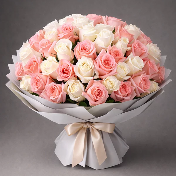 Амур – букет из высоких кремовых и розовых роз (70 см)